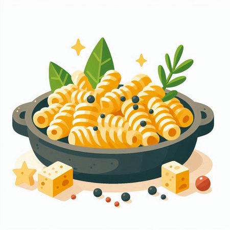 Pasta with cheese and herbs in a frying pan. Vector illustration.のイラスト素材