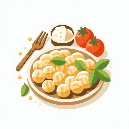 Vector illustration of dumplings on plate with fork and vegetables.のイラスト素材