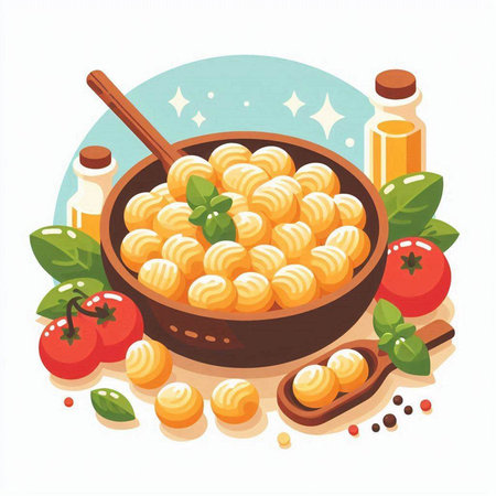 Illustration of a bowl of gnocchi with basil, tomatoes and spicesのイラスト素材