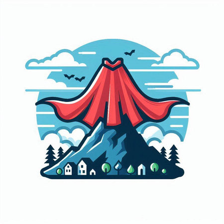 House on the top of the mountain with a red cloak. Vector illustration.のイラスト素材