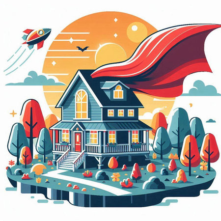 Houses in the forest with flying saucer. Vector illustration.のイラスト素材