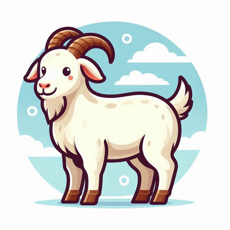 White goat on the background of the sky with clouds. Vector illustration.のイラスト素材
