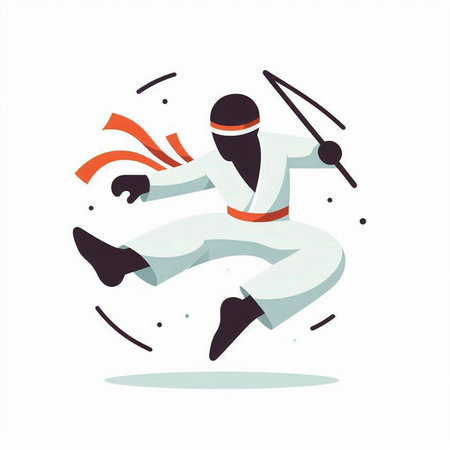 Martial arts fighter in white kimono running with sword vector illustration.のイラスト素材