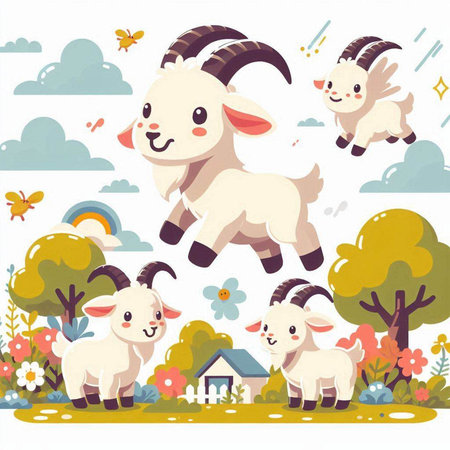 Cartoon vector illustration of cute goats and sheep in the garden.のイラスト素材