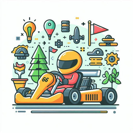 Funny karting concept. Modern line art vector illustration.のイラスト素材