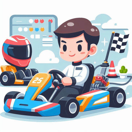 Cartoon boy driving a karting car. Vector illustration.のイラスト素材