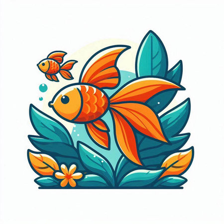 Vector illustration of goldfish with leaves and flower on white background.のイラスト素材