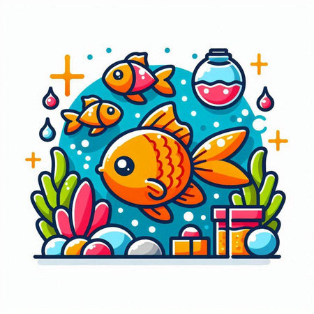 Cute cartoon fish and aquarium. Colorful flat vector illustration.のイラスト素材