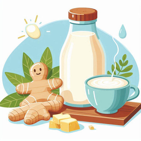 Illustration of ingredients for a healthy breakfast - milk, ginger, cheeseのイラスト素材