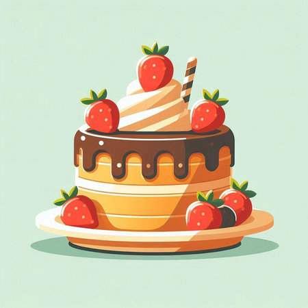Cake with cream and strawberries on a plate. Vector illustration.のイラスト素材