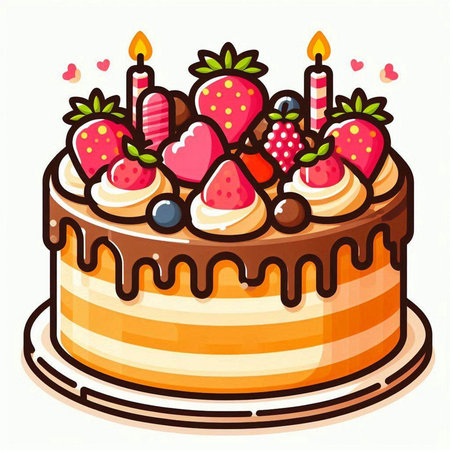 Illustration of a birthday cake with strawberries and candles on white backgroundのイラスト素材
