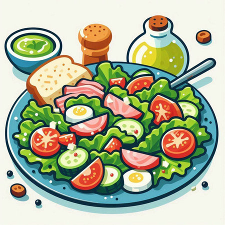 Salad with tomatoes, eggs, cucumbers and cheese. Vector illustration.のイラスト素材