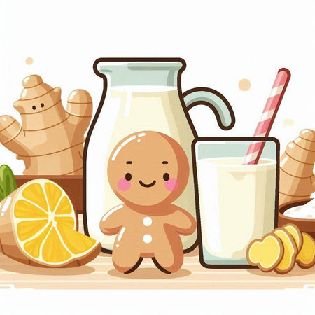 Illustration of a Kid Dressed as a Gingerbread Man Holding a Glass of Milkのイラスト素材