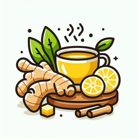 Cup of tea with lemon, ginger and cinnamon. Vector illustration.のイラスト素材
