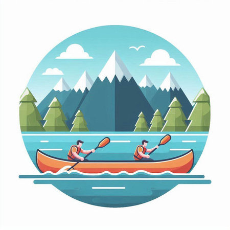 Kayaking in the mountains. Vector illustration in a flat style.のイラスト素材