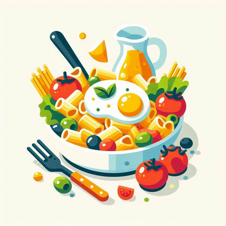 Fried egg in a pan with vegetables. Healthy food. Vector illustration.のイラスト素材