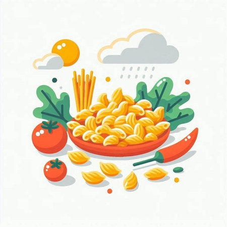 Vector illustration of Italian pasta in flat style. Pasta with tomato, pepper and arugula.のイラスト素材