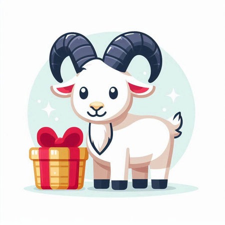 Cute goat with gift box. Vector illustration in cartoon style.のイラスト素材
