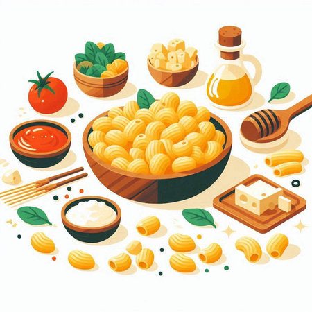 Bowl with macaroni, cheese, basil, olive oil and honey on white background. Vector illustration.のイラスト素材