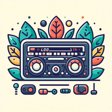 Vector illustration of retro radio with leaves. Colorful flat style.のイラスト素材