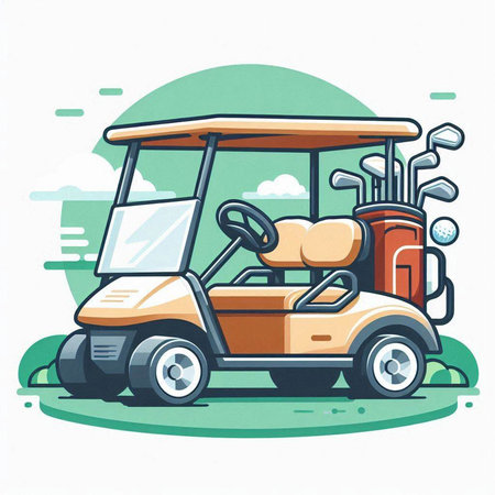 Golf cart on green background. Vector illustration in cartoon style.のイラスト素材