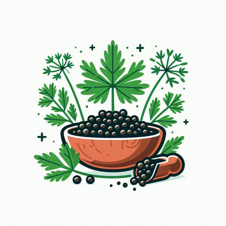 Black pepper in a wooden bowl and parsley. Vector illustration.のイラスト素材