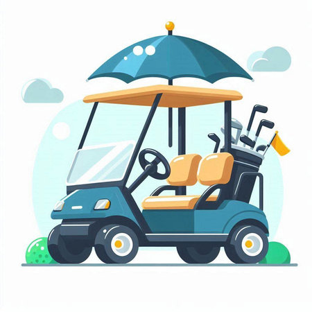 Golf cart vector illustration. Flat design of golf cart with umbrellaのイラスト素材