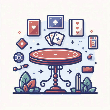 Vector illustration in flat linear style - table with playing cards, poker chips, dice, chips.のイラスト素材
