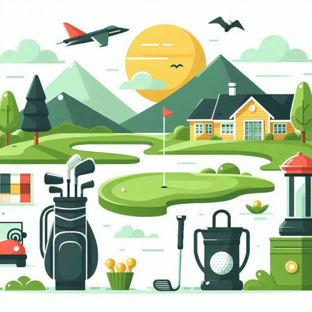 Golf background. Vector illustration in flat design style. Golf club, golf ball, bag, bag, field, house, trees, golf equipment.のイラスト素材
