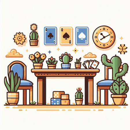Vector illustration of a cozy room with a table, chairs and cactiのイラスト素材