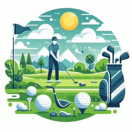 Golf club and golf ball on green grass, vector illustration.のイラスト素材