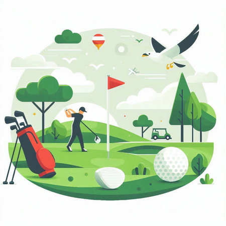 Golf course. Vector illustration in flat style on white background.のイラスト素材