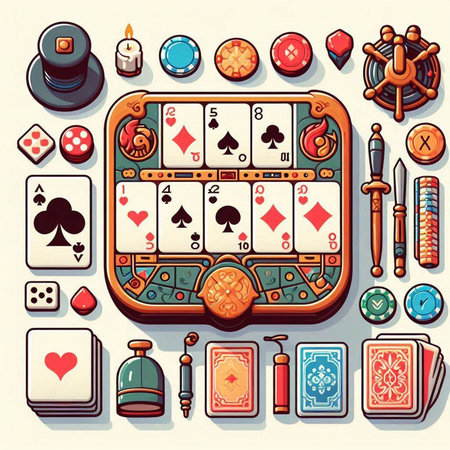 Vector set of gambling icons in cartoon style. Poker, casino, roulette, playing cards, poker chips, dice, cards and other elements.のイラスト素材