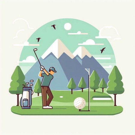 Golfer on golf course. Vector illustration in flat style.のイラスト素材