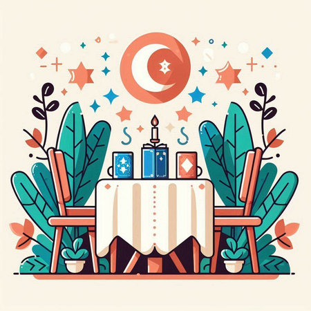 Vector illustration in flat linear style. Decorated table with candles and chairs.のイラスト素材