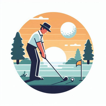Golfer playing golf. Vector illustration in retro style. Round iconのイラスト素材