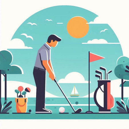 Golf player playing golf on the golf course. Flat style vector illustration.のイラスト素材