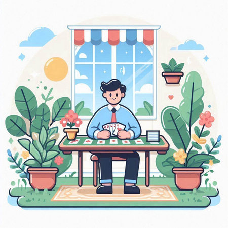 Businessman sitting at the table and counting money. Vector illustration.のイラスト素材