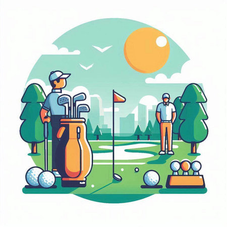 Golf club and golf player. Vector illustration in flat style.のイラスト素材