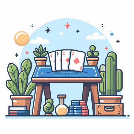Poker table with cards, chips and cactuses. Vector illustrationのイラスト素材