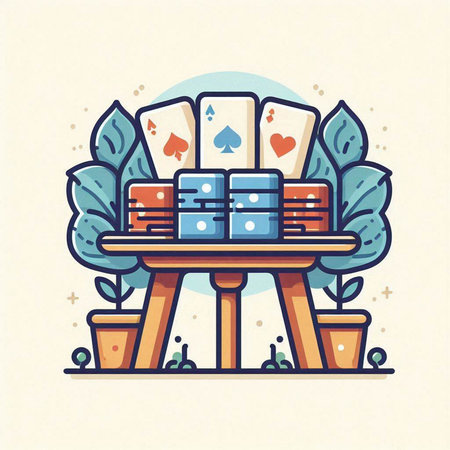 Poker table with cards and chips. Vector illustration in flat linear style.のイラスト素材