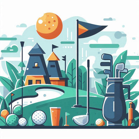 Golf club and golf ball on green grass, vector illustration.のイラスト素材