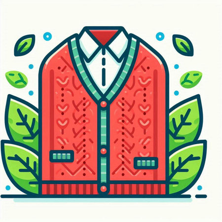 Vector illustration of a red jacket with a pattern and green leaves on a white backgroundのイラスト素材