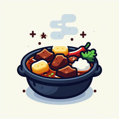 Illustration of a hot pot with beef and vegetables, vector illustrationのイラスト素材