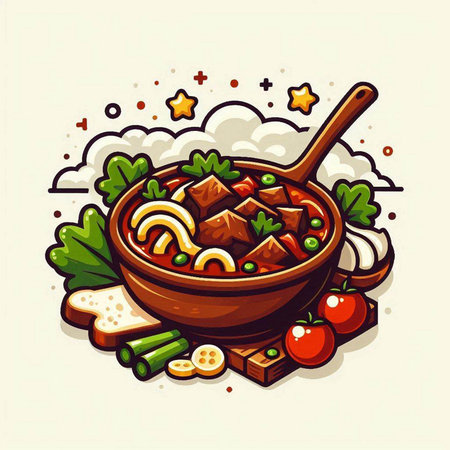 Illustration of a bowl of homemade beef stew with vegetables and spicesのイラスト素材