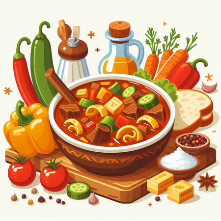 Vector illustration of a bowl of beef stew with vegetables and spices.のイラスト素材