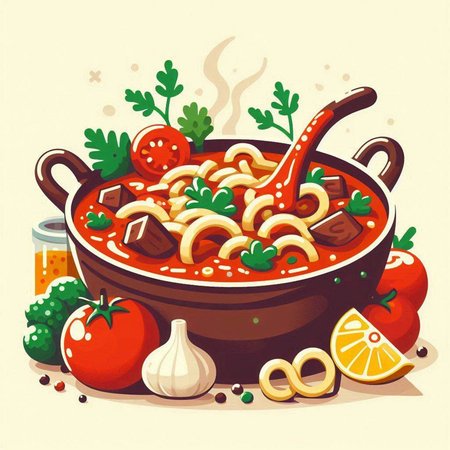 Vector illustration of a bowl of spaghetti with tomato sauce, garlic and parsleyのイラスト素材