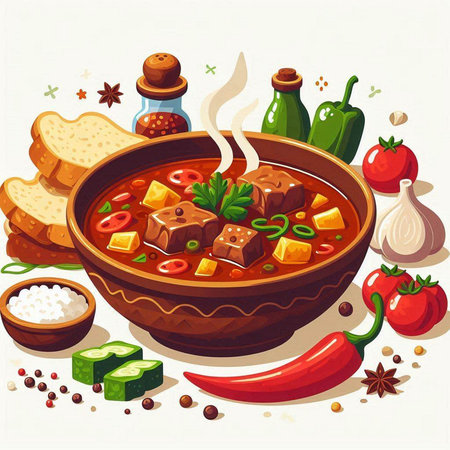Beef stew with vegetables and spices in a bowl. Vector illustration.のイラスト素材