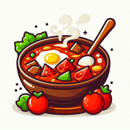 Cartoon vector illustration of a bowl of hot soup with meat and vegetablesのイラスト素材