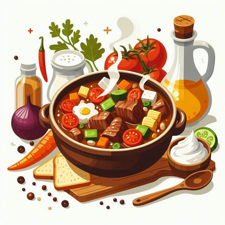 Vector illustration of a beef stew in a bowl with vegetables and spicesのイラスト素材